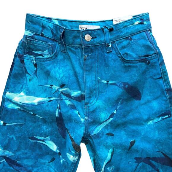 NWT ZARA Ocean Sea Life Fish Printed High Rise Straight Fit Jeans SZ 0 - Picture 4 of 12
